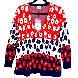 CAbi Upbeat Cardigan Snap Sweater V-Neck Red White Blue Floral Stripe St…